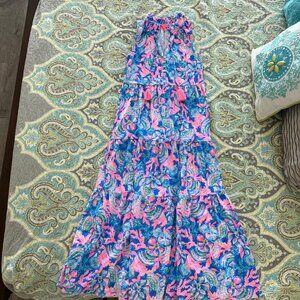 XXS Lilly Pulitzer Malone Maxi Dress hot pink Blue Tang Sitting Seaside